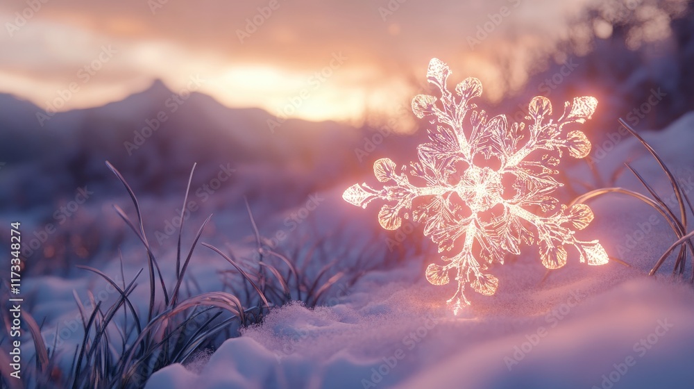 Poster a delicate snowflake with glowing patterns stands out against a soft snowy backdrop at twilight, sho