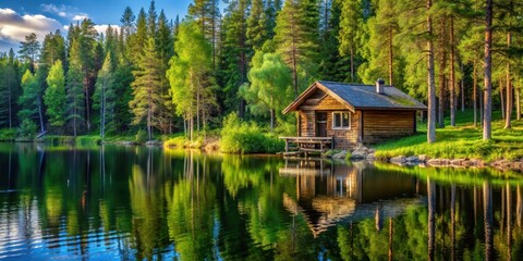 Fototapeta premium Wooden cottage in green forest by the blue lake in rural summer Finland, wilderness, wood, wilderness, wood, trees