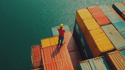Fototapeta premium A man in a red shirt is standing on a deck of a ship