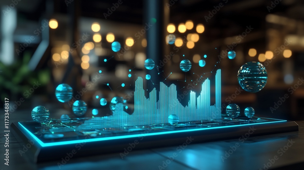Aufkleber Futuristic data visualization displayed on a transparent screen. Glowing blue graph with data points and spheres.