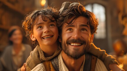 A cheerful scene of two people smiling, one lifting the other on their shoulders in a moment of excitement and joy.
