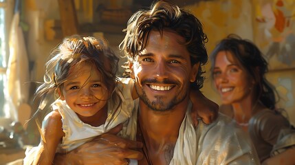 A smiling man with long hair carries a child, while another stands beside them in a warm, rustic setting filled with sunlight and vibrant colors.
