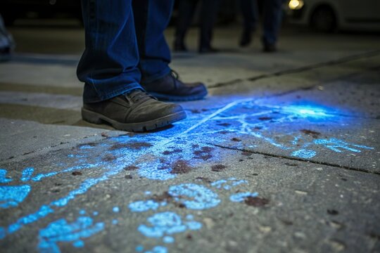 Glowing forensic luminol on street. Crime scene investigation
