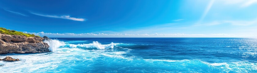 Fototapeta premium Breathtaking ocean view showcasing vibrant blue water and serene coastline under sunlight.