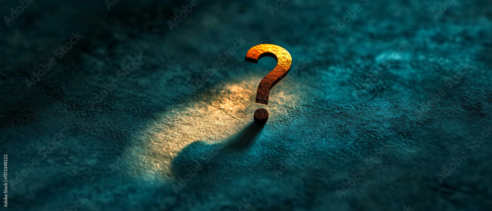 Poster Illuminated large question mark on textured dark teal surface with dramatic light and shadow