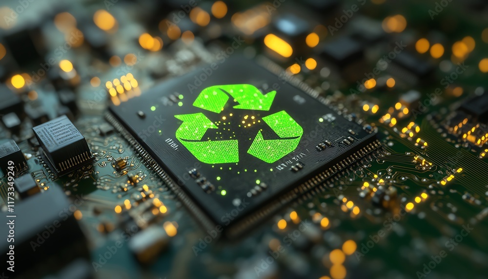 Poster sustainable technology innovations with green recycle icon on circuit board, representing green comp