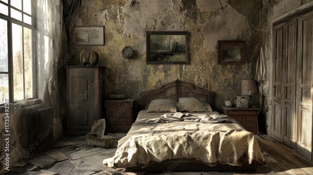 Poster a deteriorated and dilapidated room with cracked walls and a worn-down appearance, evoking an atmosp