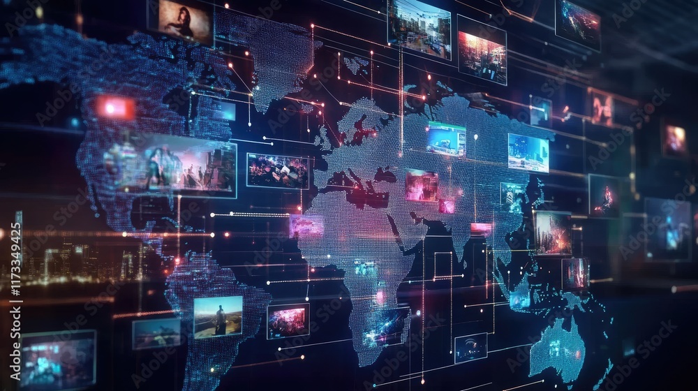 Poster A digital map showing worldwide internet streaming connections, with icons of video content streaming across the world in real-time