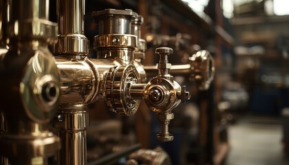 Fototapeta premium detailed shot of bronze pipes and fittings arranged in a complex network within an industrial environment, emphasizing the functionality and aesthetics of the materials
