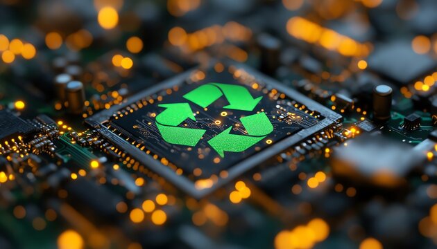 Sustainable technology innovations with green recycle icon on circuit board, representing green computing, Green IT, environmental responsibility, and IT ethics
