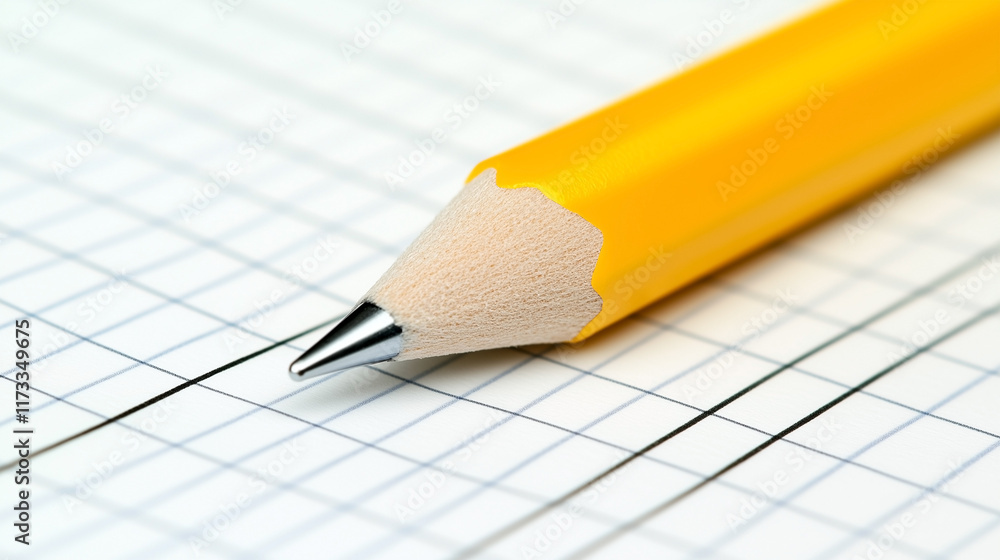 Poster a yellow pencil with a sharpened point is on a sheet of lined paper