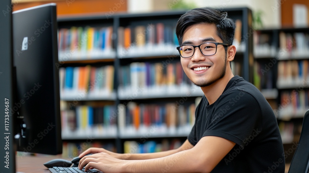 Aufkleber smiling young man using computer in library.