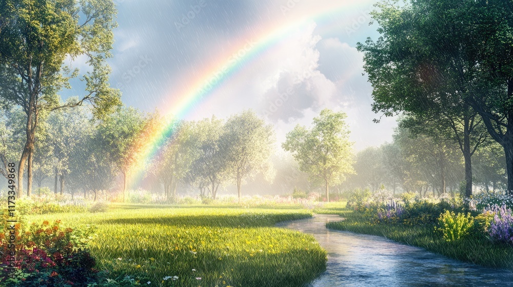Poster A double rainbow arcs over a tranquil park, where the rain has just stopped, creating a captivating scene with trees and vivid grass