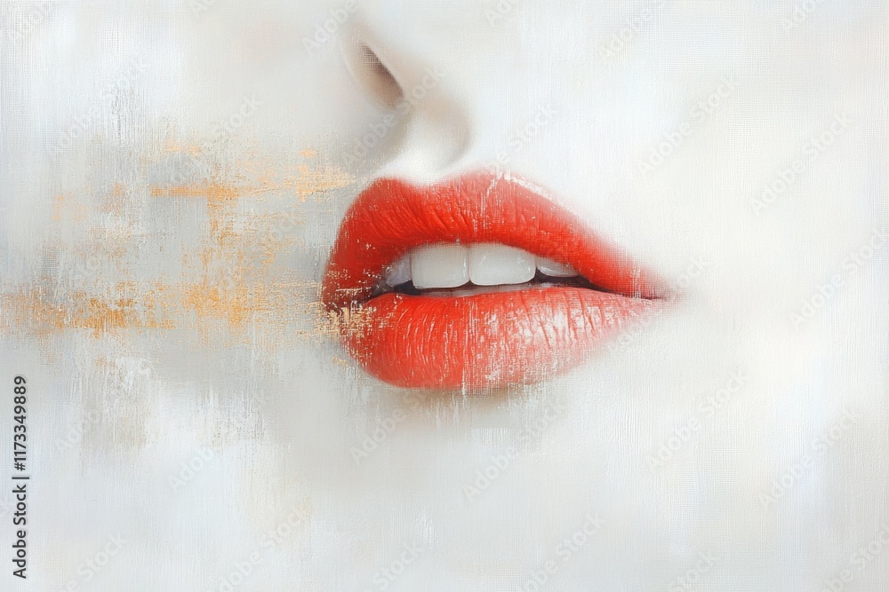 Poster a hyper-realistic close-up of a couple lips meeting for a kiss, with every detail of texture and lig