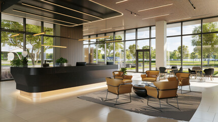 modern reception area with black desk