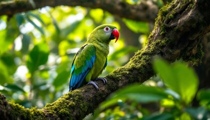 Obraz premium Vibrant Green Parrot Perched on Mossy Branch in Lush Tropical Forest