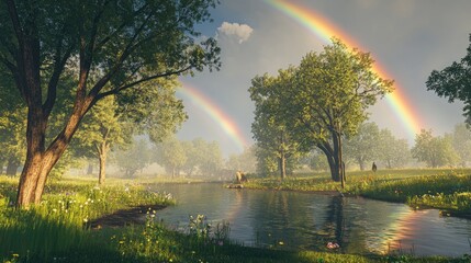 A double rainbow arcs over a tranquil park, where the rain has just stopped, creating a captivating scene with trees and vivid grass