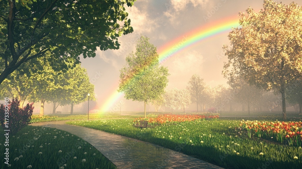 Poster A double rainbow arcs over a tranquil park, where the rain has just stopped, creating a captivating scene with trees and vivid grass