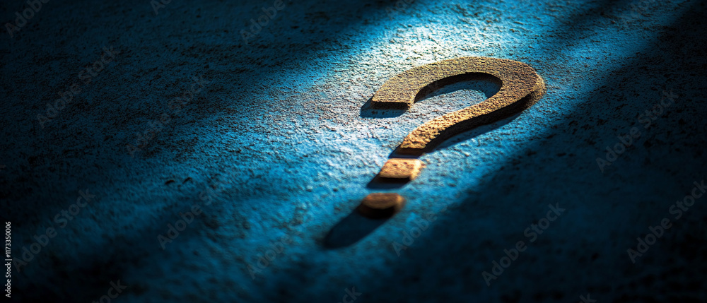Poster metallic large question mark on blue textured surface with dramatic lighting and shadows