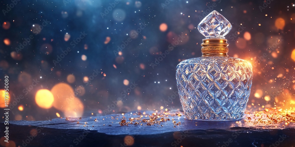 Poster elegant crystal perfume bottle on dark background with bokeh lights.
