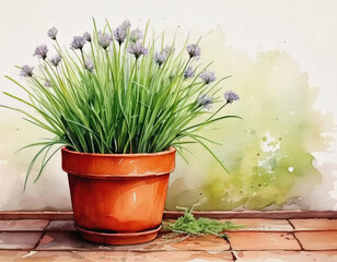 Watercolor of Mature Chives in Terracotta Pot AI