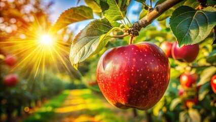 Macro Photography: Juicy Red Apple on Branch, Apple Orchard, Farm Fresh