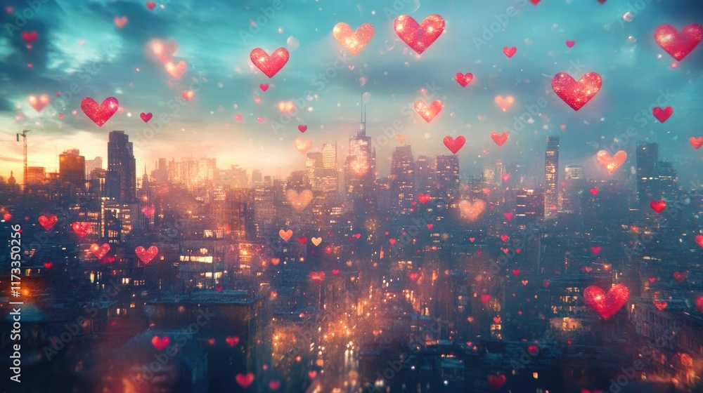 Poster a dreamy twilight cityscape with colorful transparent hearts hovering in the air, creating a romanti