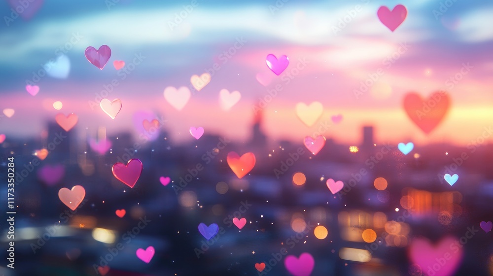 Poster A dreamy twilight cityscape with colorful transparent hearts hovering in the air, creating a romantic, whimsical atmosphere filled with magic and love