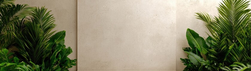 A serene indoor setting featuring lush green plants flanking a neutral wall, creating a calming and inviting atmosphere.