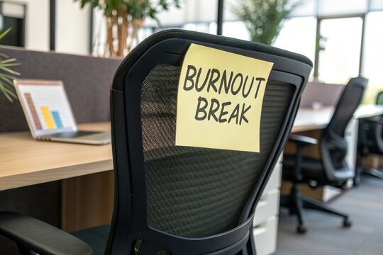 Office chair with burnout break note. Workplace stress and relax