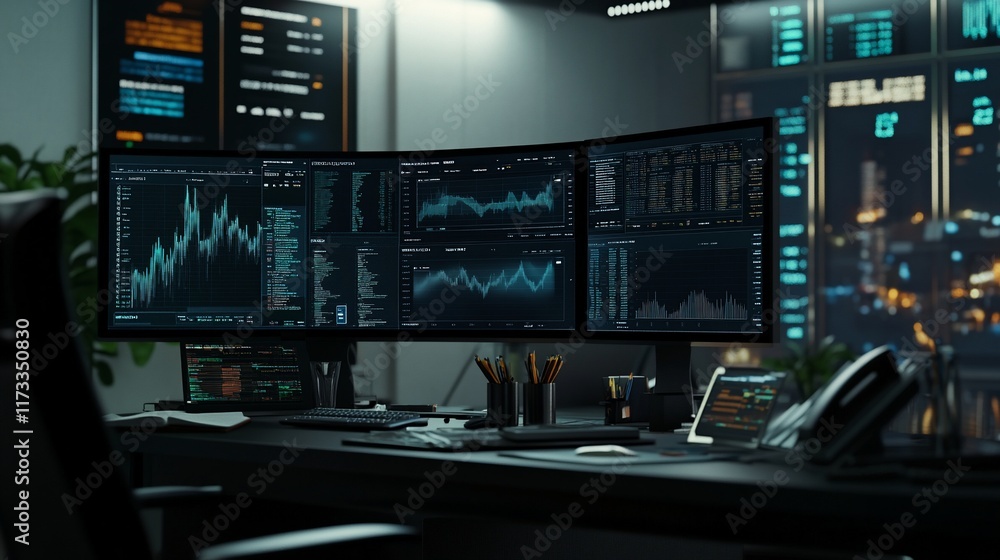 Poster Modern office with multiple monitors displaying financial data and charts at night.