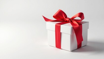 Red ribbon tied elegantly on a small gift box, white background, close up, box, detail