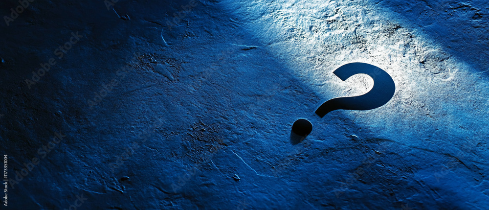 Poster Large question mark casting a shadow on a textured blue surface with dramatic lighting