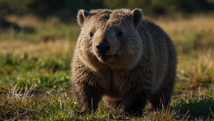 Fototapeta premium front face close up photo of a wombat that lives on grassland savannah forest habitat background