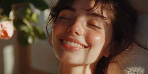 Fototapeta premium Radiant Serenity: A Smiling Woman's Joyful Escape to Nature