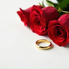 Elegant red roses & gold wedding rings on white background, wedding, design