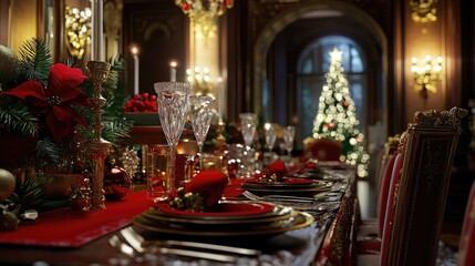 A festive table arrangement with elegant silverware, red and gold accents, and Christmas-themed decor, set in a warmly lit dining room for a cozy holiday gathering