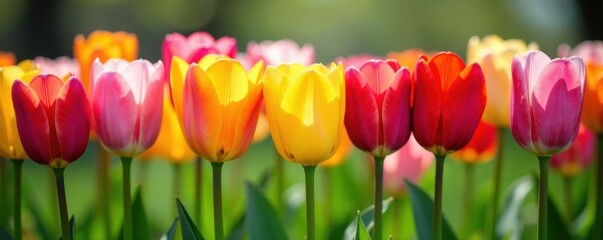 Vibrant spring tulips aligned in a row, colorful blooms , sunlight, bud