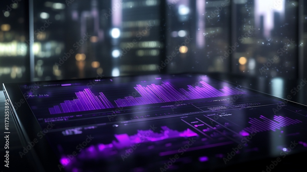 Poster Night city view reflected on a tablet displaying financial data charts and graphs.