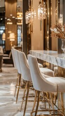 Elegant modern interior of a stylish cafe featuring plush seating and marble countertops