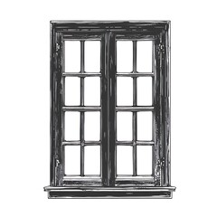 Sketch of a dark, closed, multi-paned, wooden framed window.