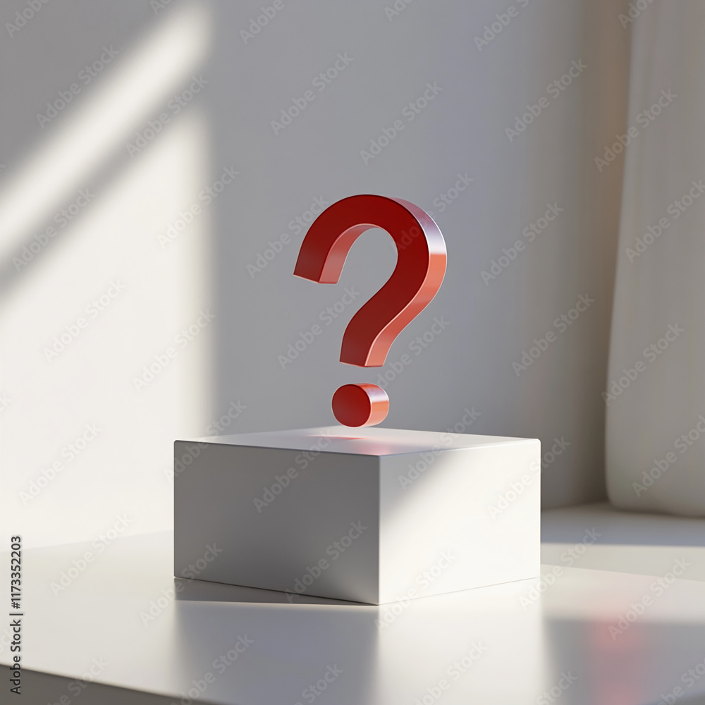 Poster Large red question mark floating above a white pedestal in a minimalistic setting