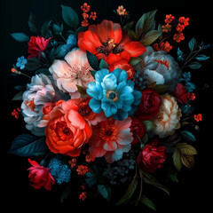 Vintage bouquet of beautiful flowers on black. Floral background. Natural pattern wallpaper or greeting card.