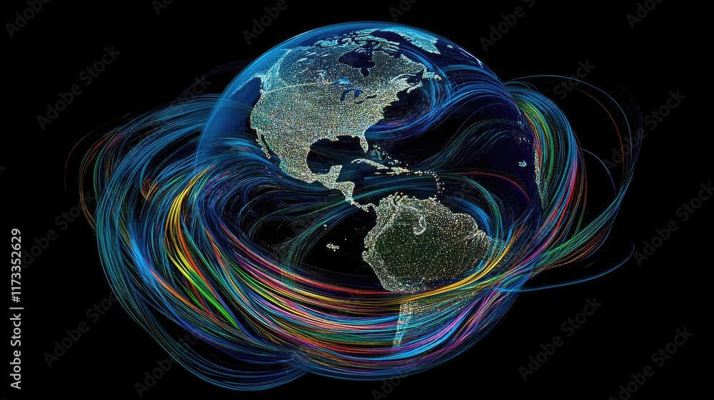 Poster A globe surrounded by flowing streams of data, representing the global reach of internet streaming services, accessible from anywhere