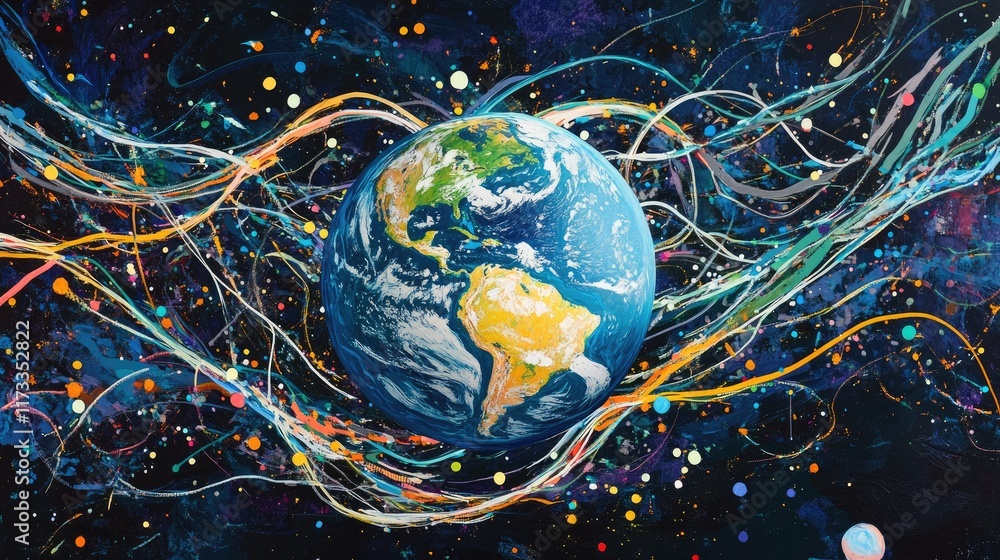 Aufkleber A globe surrounded by flowing streams of data, representing the global reach of internet streaming services, accessible from anywhere