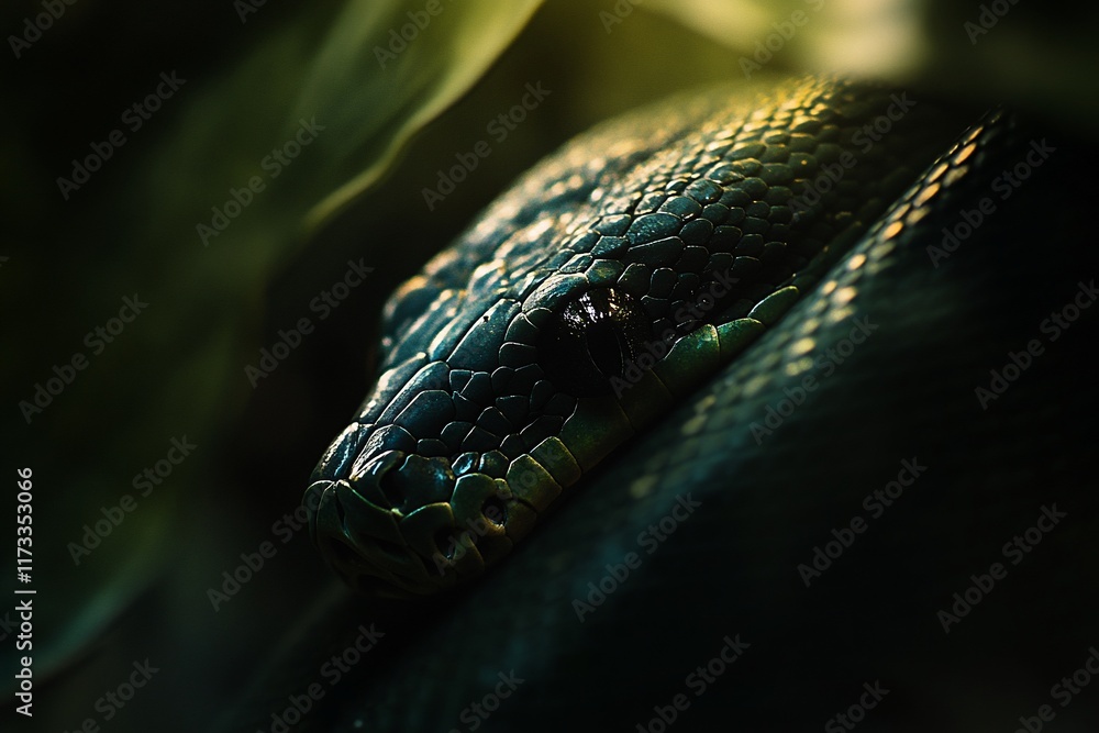 Aufkleber close-up of a dark green snake's head, partially hidden in foliage, illuminated by a soft light.