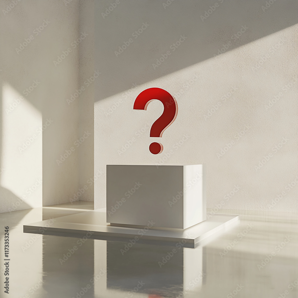 Poster Red large question mark on a white podium with minimalist background and soft light