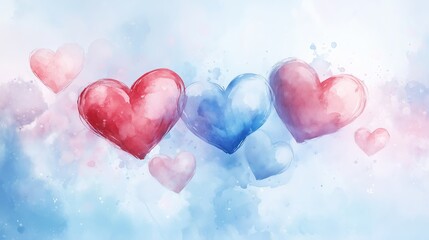 Fototapeta premium Watercolor Valentine Hearts with Soft Blue and Pink Background Watercolor Valentine Day Backgrounds Romantic Artistic Greeting Card Designs Pastel-Themed Love Artworks