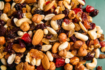 Mixture of nuts and dried fruits close-up.