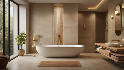 Soft-toned bathroom with a rainfall shower, elegant fixtures, and warm accents.

